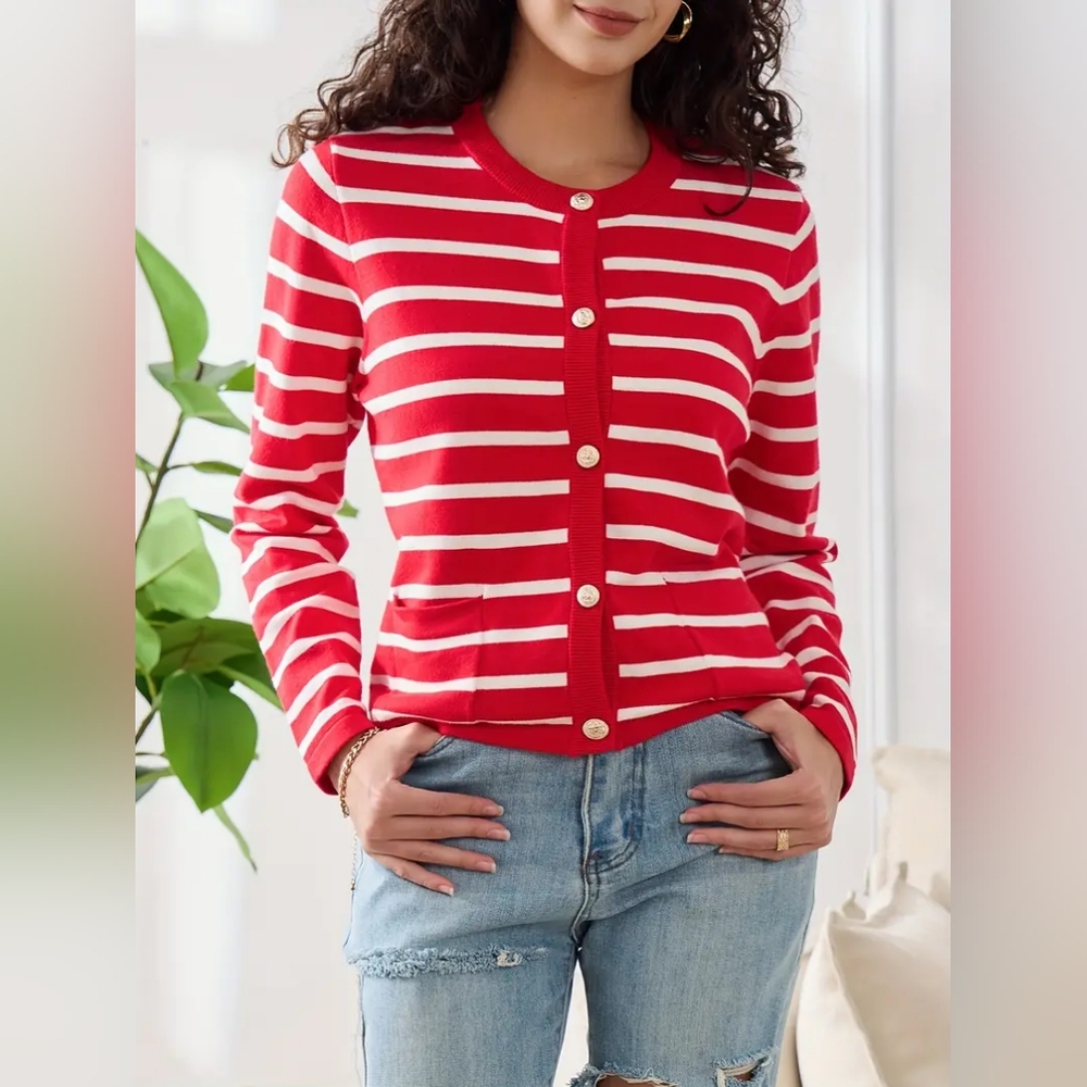 Red and White Striped Cardigan Sweater